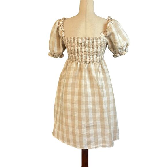 House of Harlow 1960 Beige White Gingham Check Linen Smocked Mini Dress Medium - Picture 5 of 7